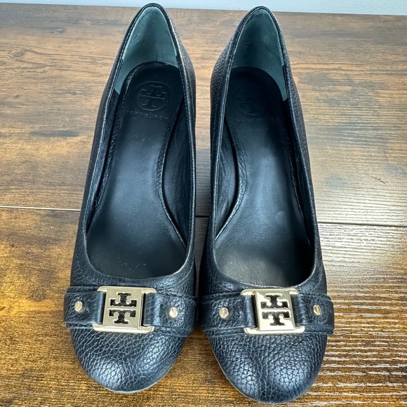 Tory Burch Shoes - Tory Burch Natalya Pebbled Leather Wedge Heels Black Size‎ 7.5